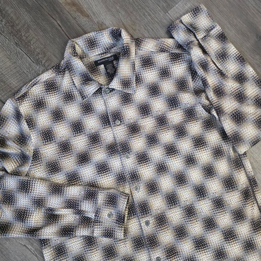 Kenneth Cole New York Men's Black & Tan Plaid Geometric Button Up Shirt Size Med